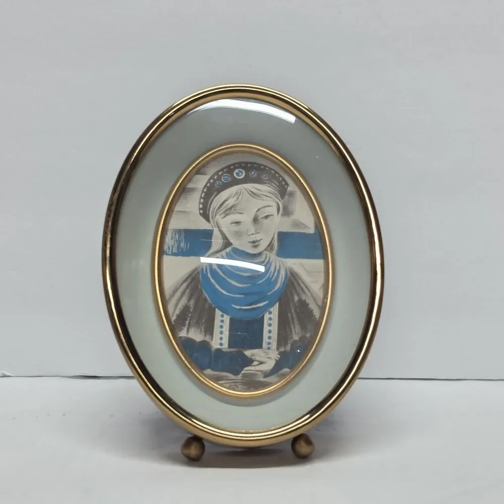 Vintage Bubble Glass Oval Picture Frame Shadow Box Retro 60s Gold Tone Metal